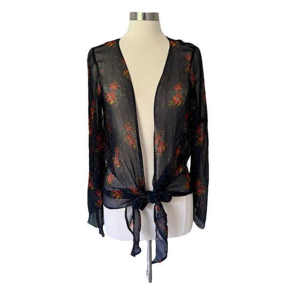 NWT Natural Life Mesh Navy Blue‎ Sheer Floral Tie Front Kimono Top Blouse O/S - Picture 1 of 6